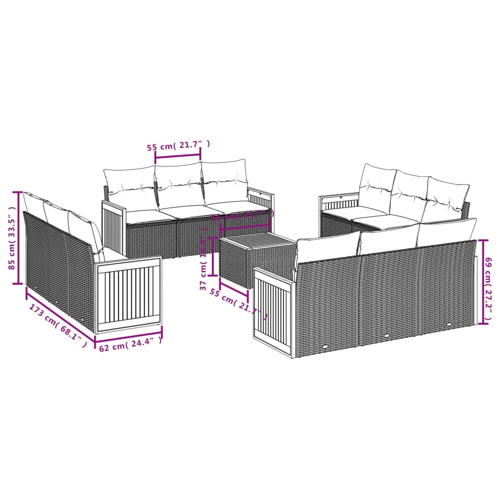 vidaXL 13-osaline aiadiivani komplekt patjadega, must, polürotang