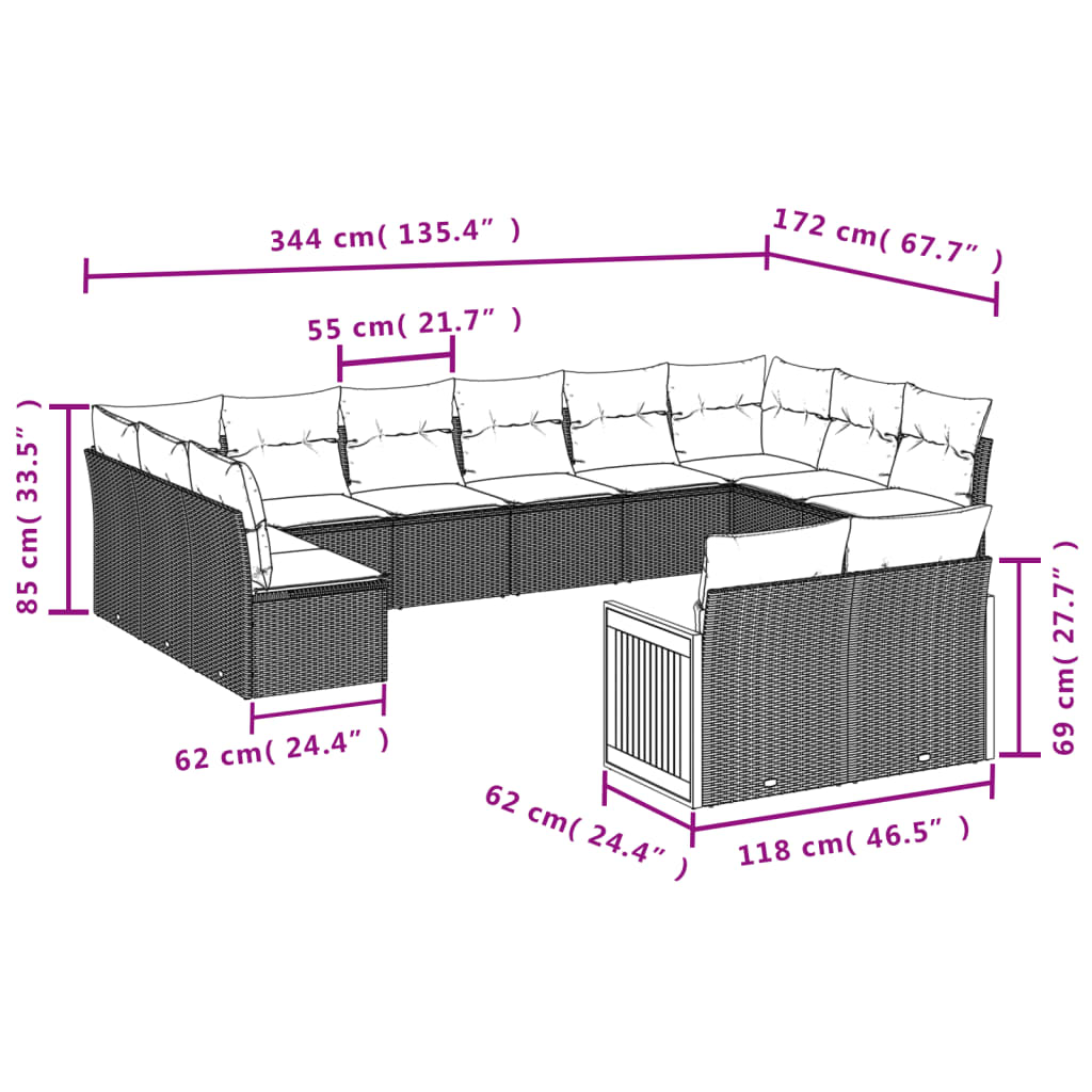 vidaXL 12-osaline aiadiivani komplekt patjadega, hall, polürotang