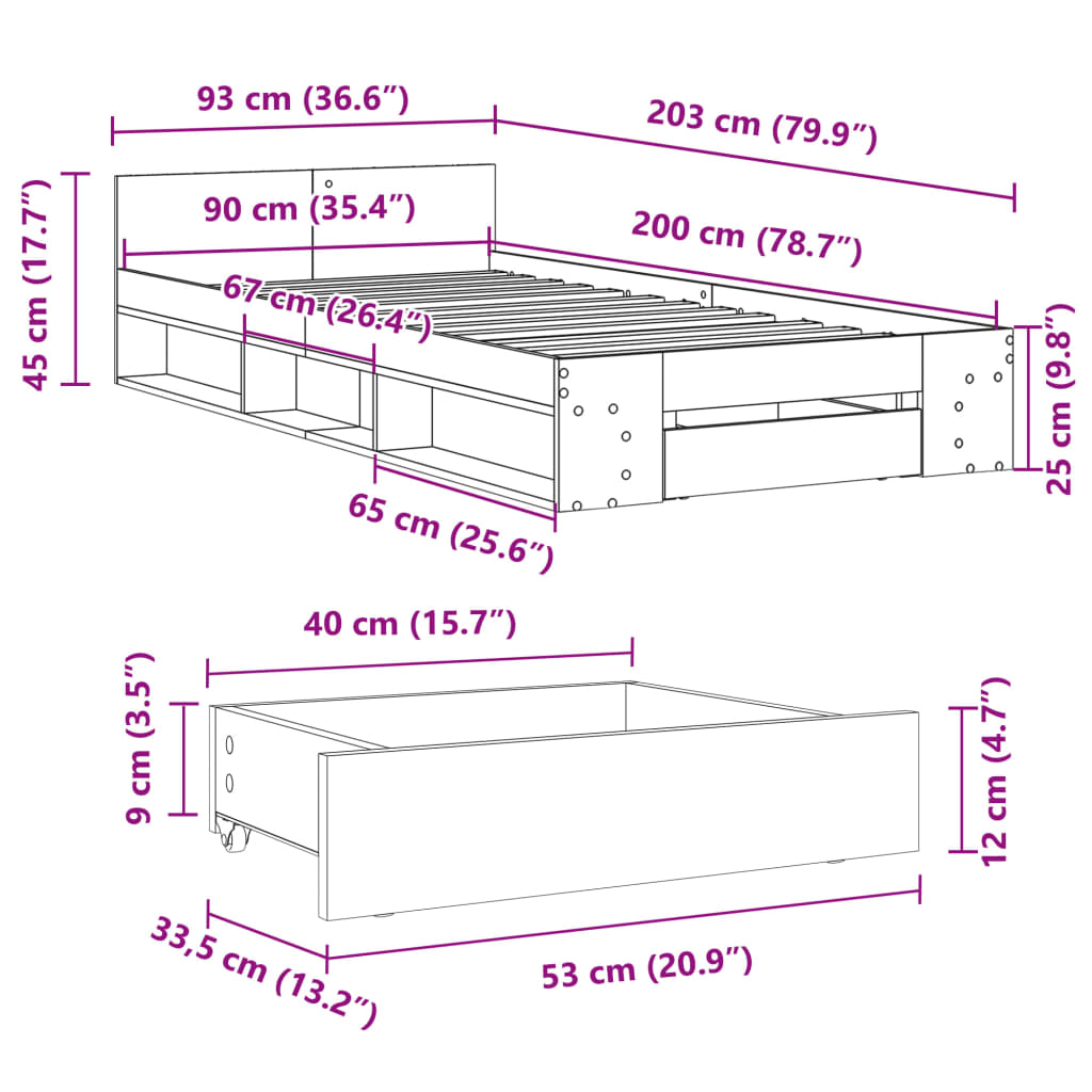 vidaXL voodiraam sahtlitega, Sonoma tamm, 90 x 200 cm, tehispuit