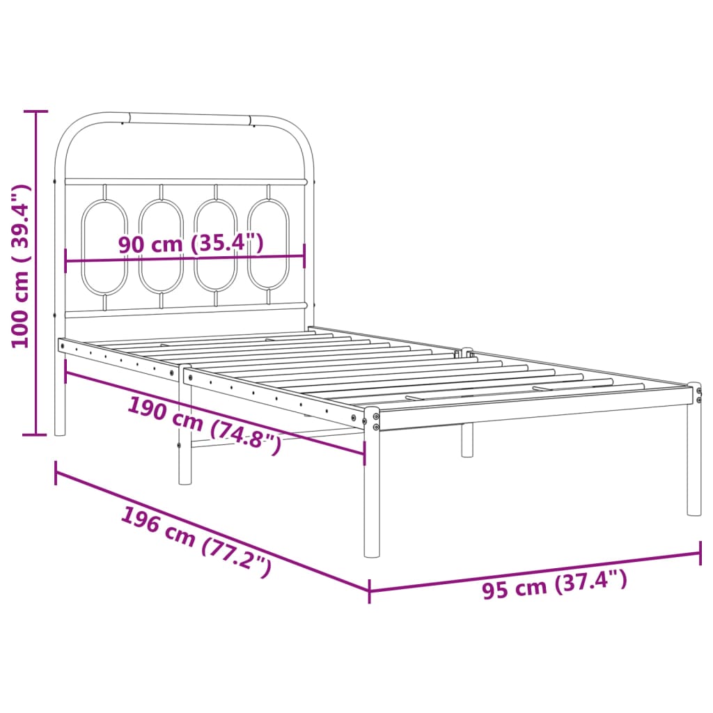 vidaXL metallist voodiraam peatsiga, must, 90 x 190 cm