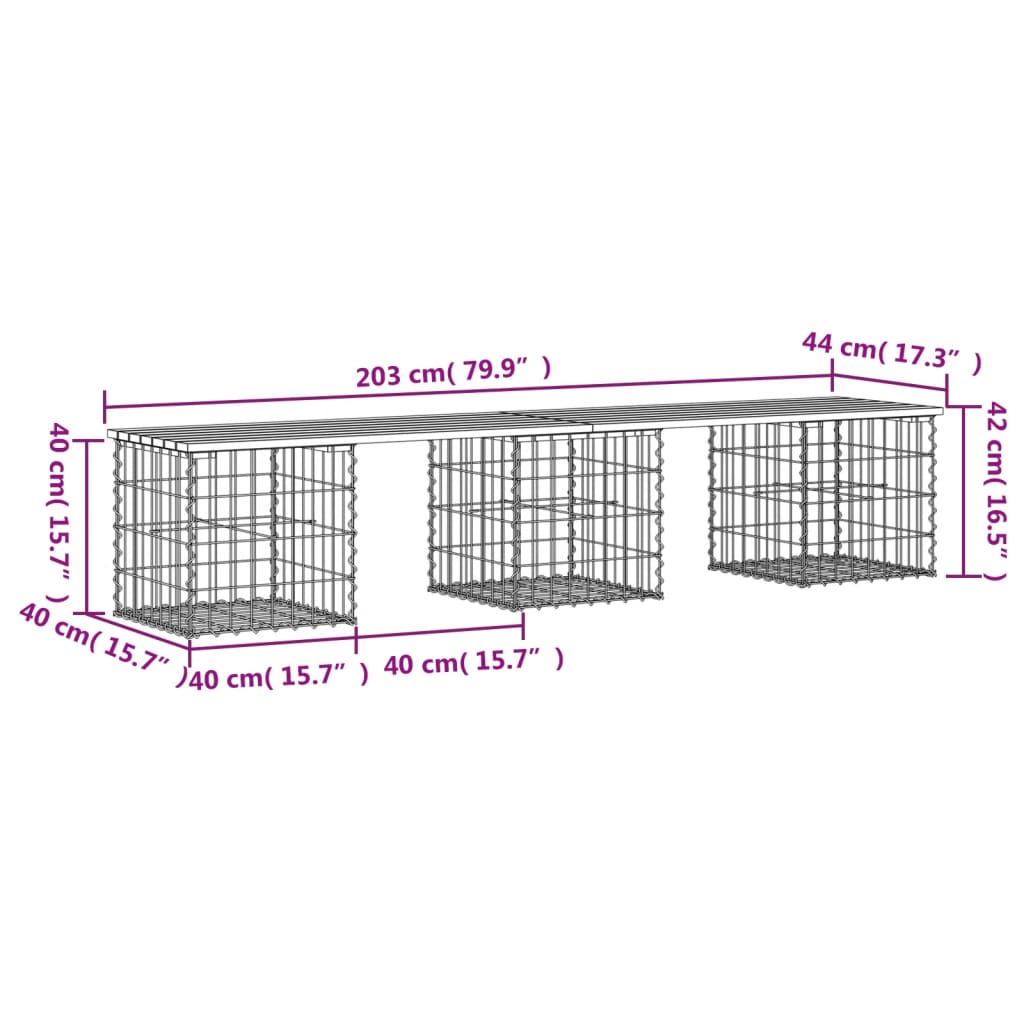 vidaXL gabioonpink, 203 x 44 x 42 cm, ebatsuuga puit