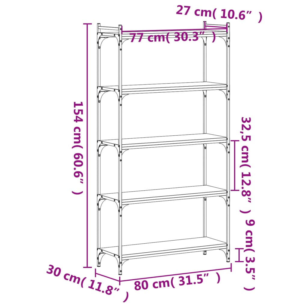 vidaXL raamaturiiul 5 korrust, pruun tamm, 80x30x154 cm, tehispuit