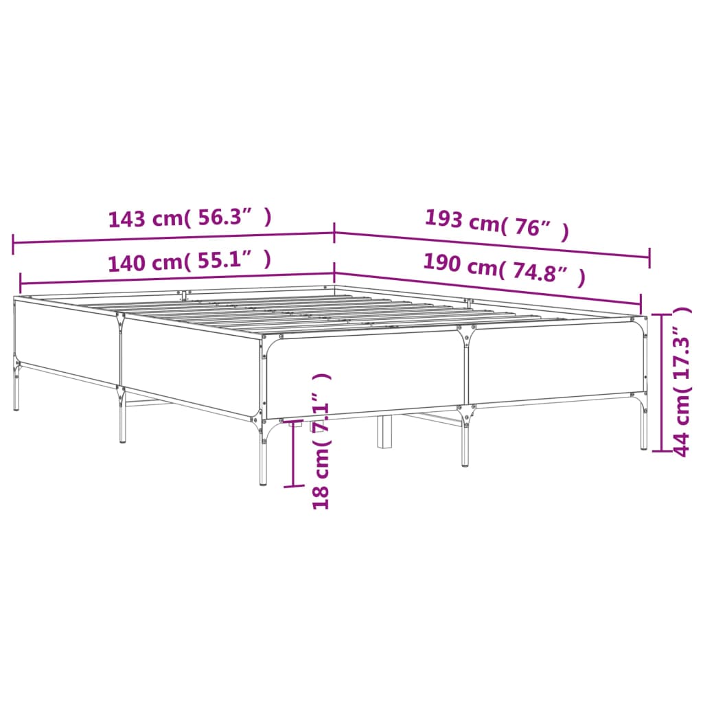 vidaXL voodiraam, suitsutatud tamm, 140 x 190 cm, tehispuit ja metall