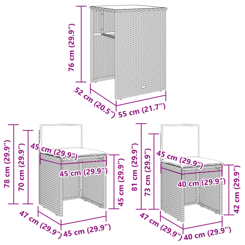 vidaXL 3-osaline bistrookomplekt istmepatjadega, hall, polürotang