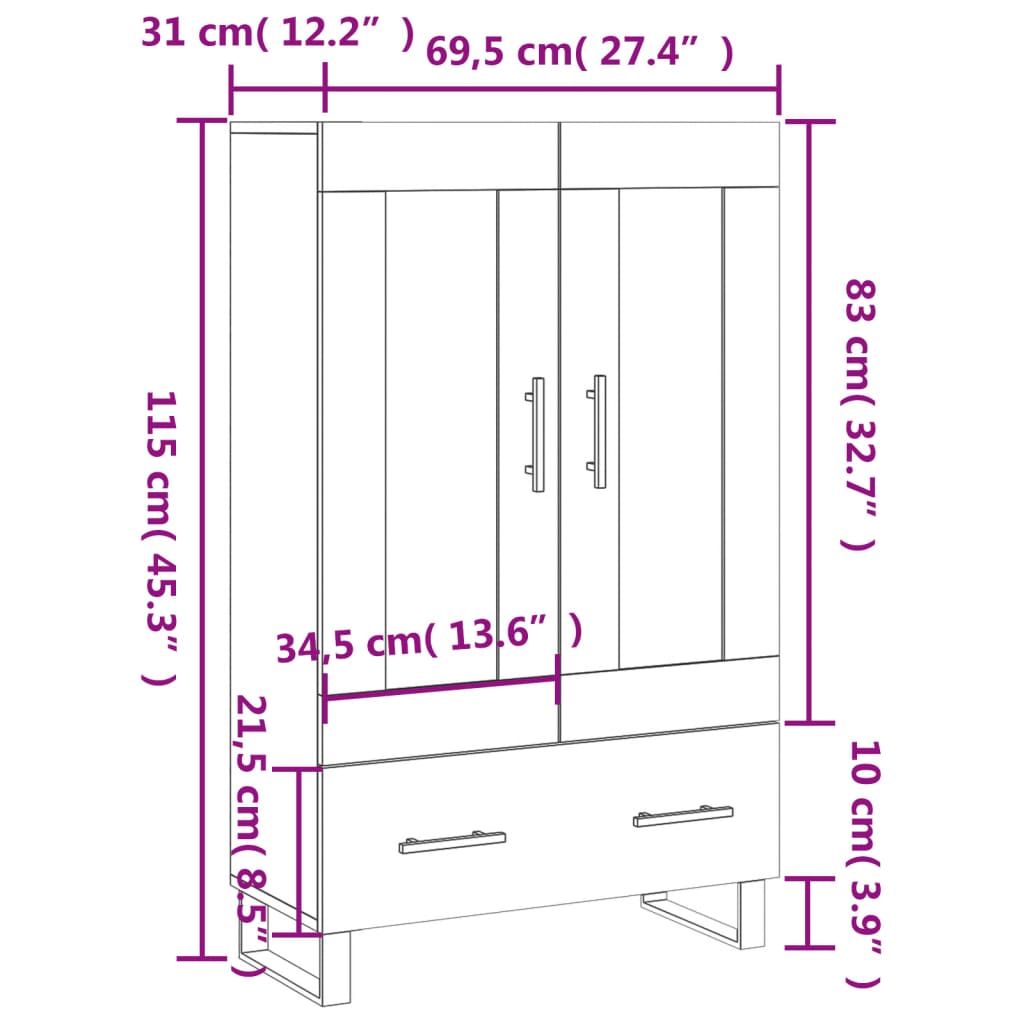 vidaXL kõrge kapp, pruun tamm, 69,5 x 31 x 115 cm, tehispuit