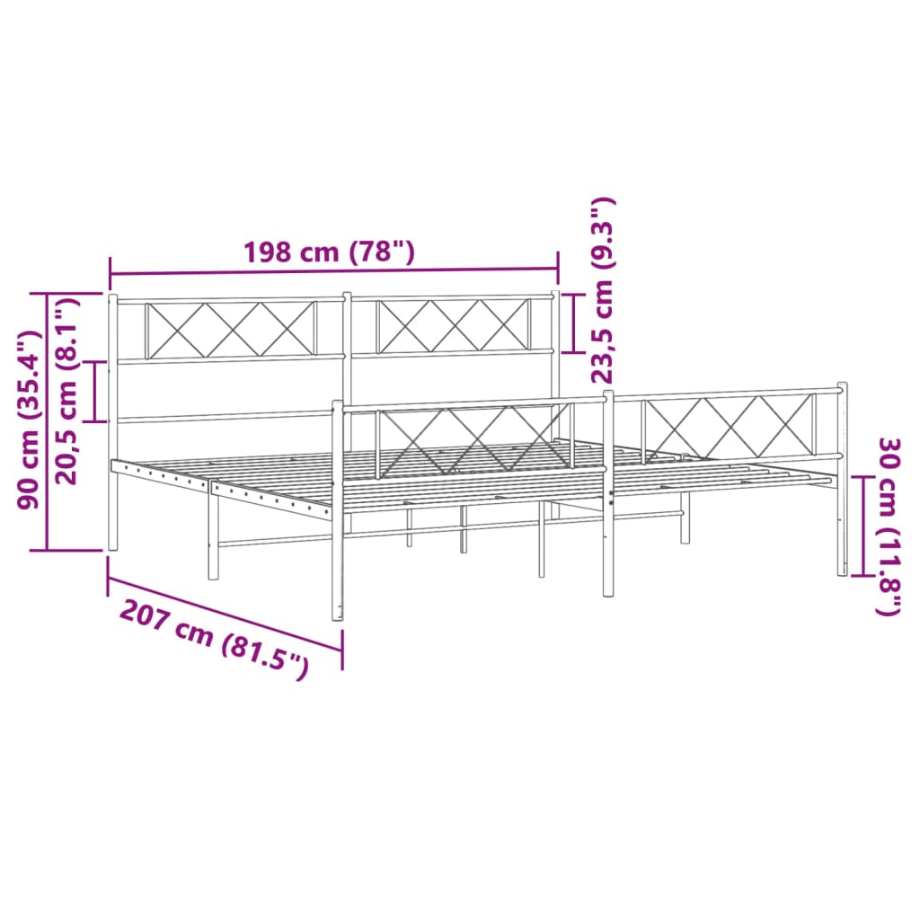 vidaXL metallist voodiraam peatsi ja jalutsiga, valge, 193x203 cm