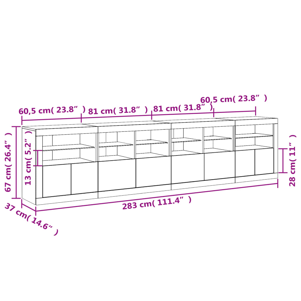 vidaXL puhvetkapp LED-tulega, valge, 283 x 37 x 67 cm