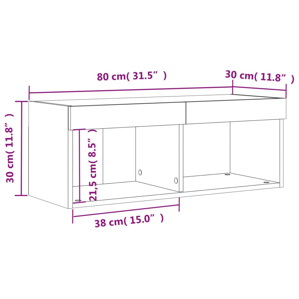 vidaXL LED-tuledega telerikapp, betoonhall, 80 x 30 x 30 cm