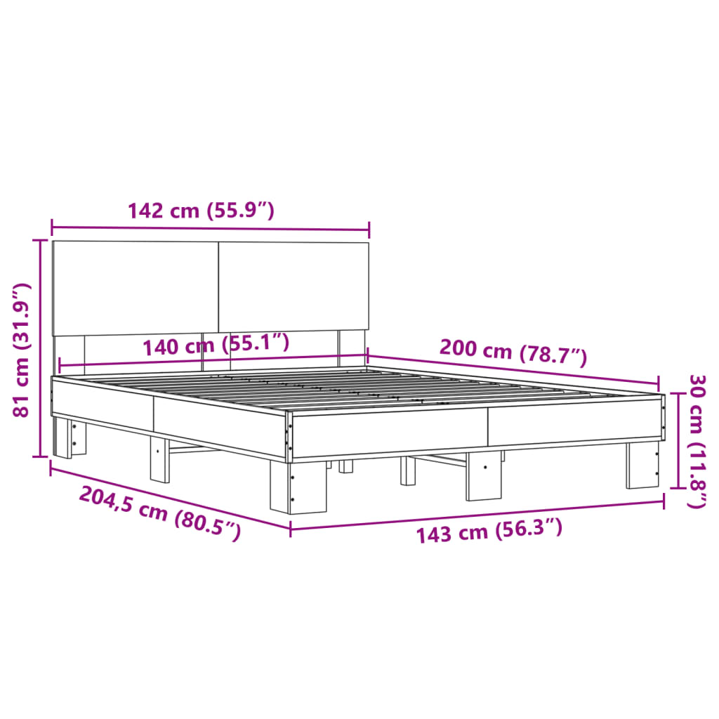 vidaXL voodiraam, pruun tamm, 140 x 200 cm, tehispuit ja metall