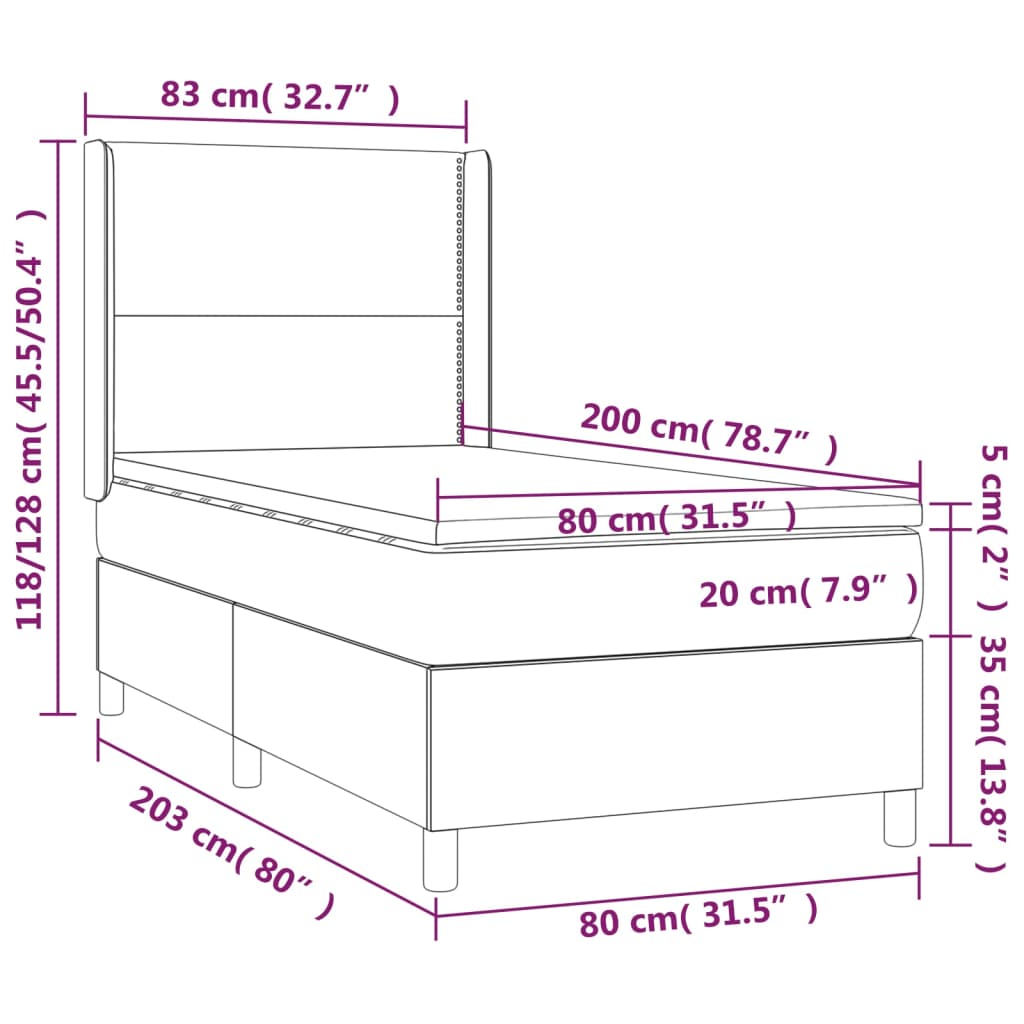 vidaXL kontinentaalvoodi madrats ja LED, must, 80x200 cm, samet