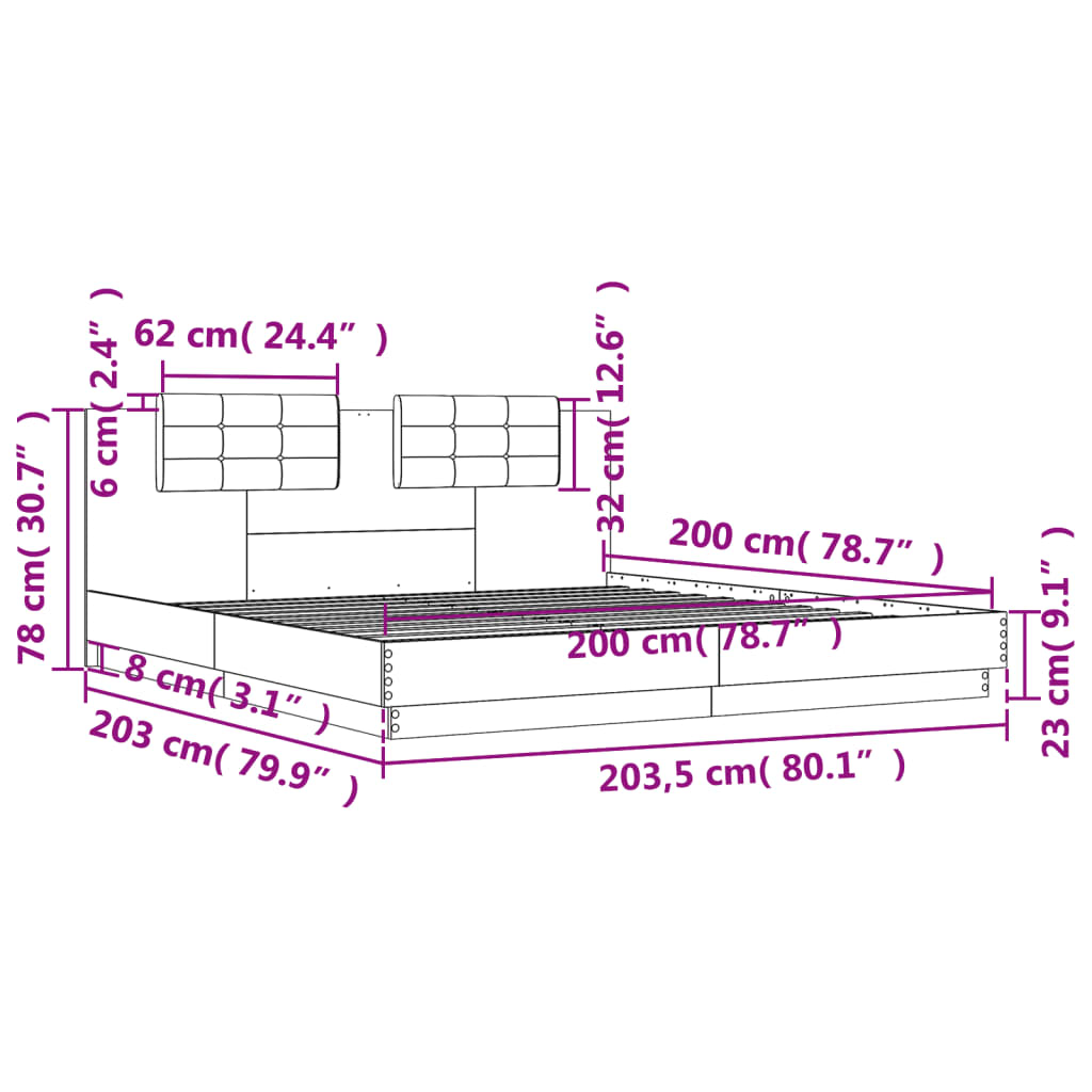 vidaXL voodiraam peatsi ja LED-tuledega, Sonoma tamm, 200 x 200 cm