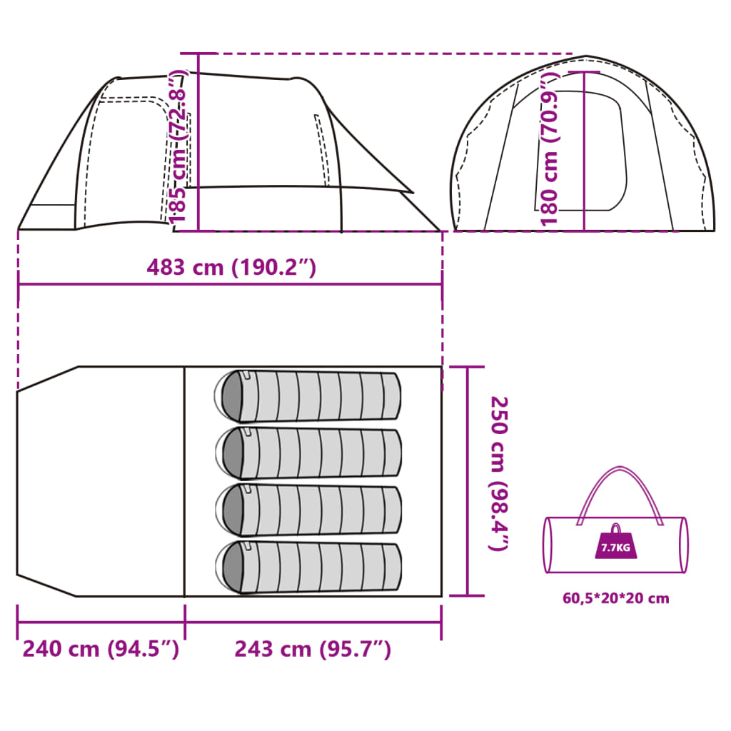 vidaXL matkatelk 4 inimesele, tunnel, roheline, veekindel