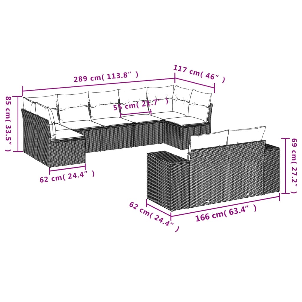 vidaXL 9-osaline aiadiivani komplekt patjadega, hall, polürotang