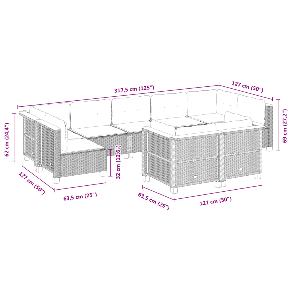 vidaXL 9-osaline aiadiivani komplekt patjadega, hall, polürotang