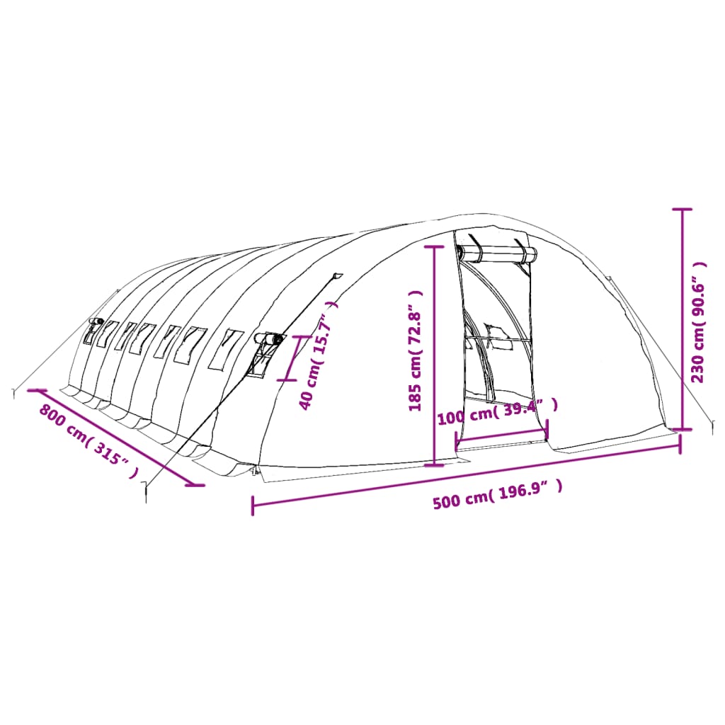 vidaXL kasvuhoone terasraamiga, roheline, 40 m², 8x5x2,3 m