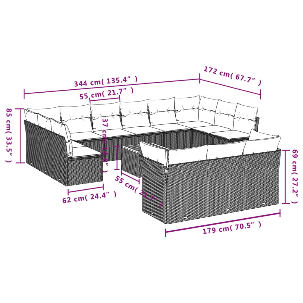 vidaXL 14-osaline aiadiivani komplekt patjadega, hall, polürotang