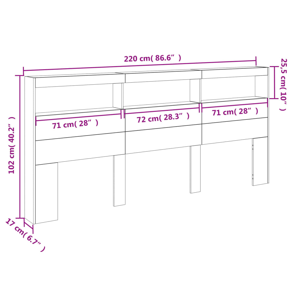 vidaXL voodipeatsi kapp LED-tuledega, betoonhall, 200x17x102 cm