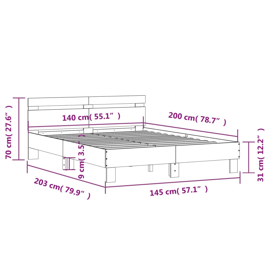 vidaXL voodiraam peatsiga, Sonoma tamm, 140x200 cm, tehispuit