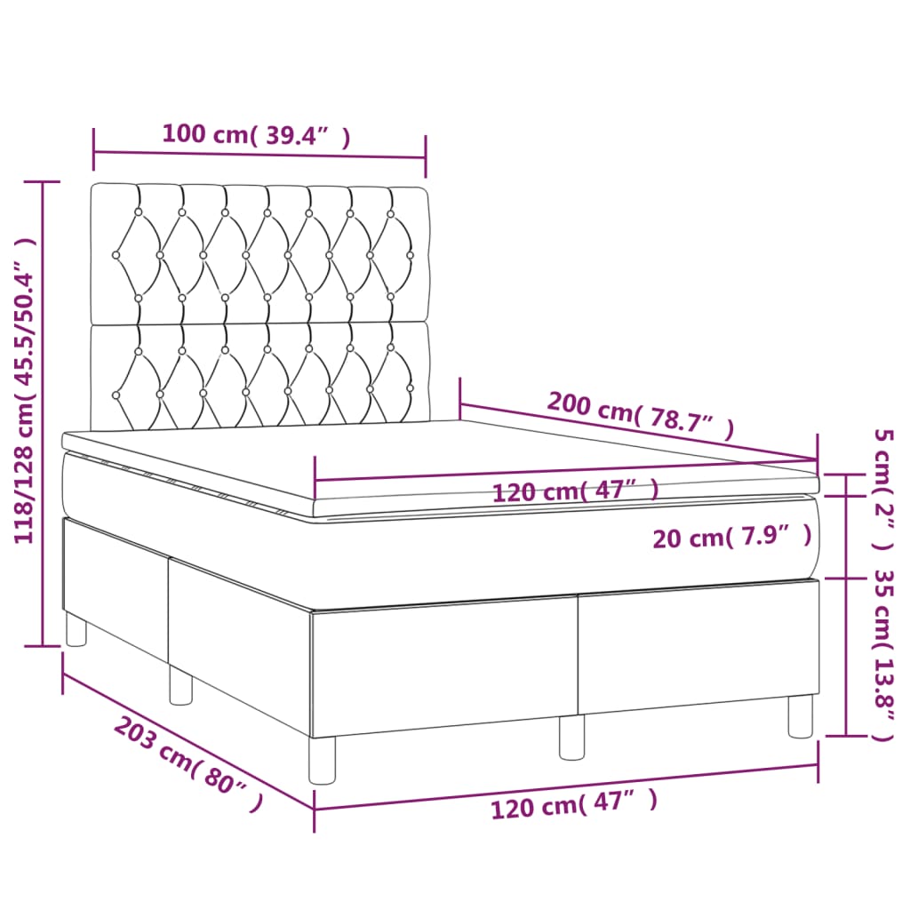 vidaXL kontinentaalvoodi madrats ja LED, helehall, 120x200 cm, samet