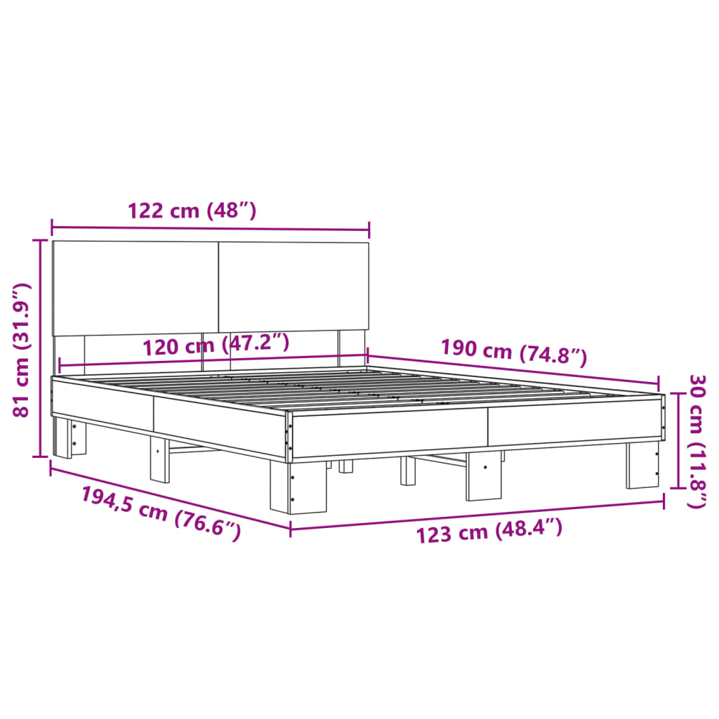 vidaXL voodiraam, Sonoma tamm, 120 x 190 cm, tehispuit ja metall