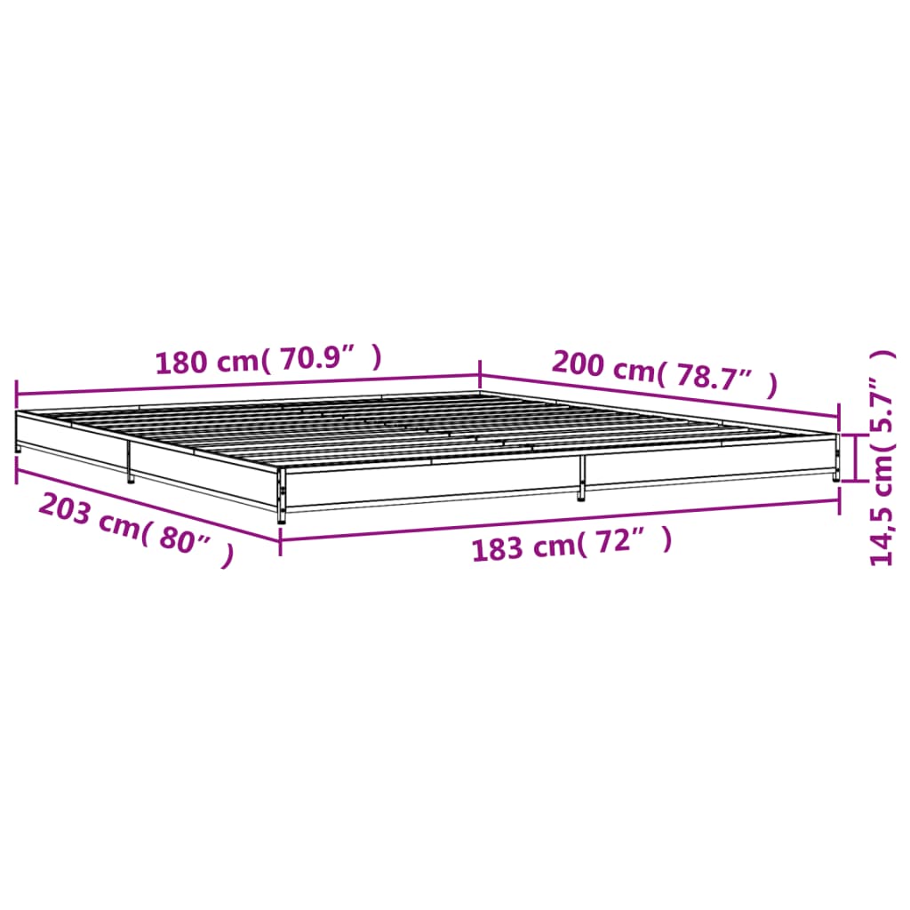 vidaXL voodiraam, pruun tamm, 180 x 200 cm, tehispuit ja metall