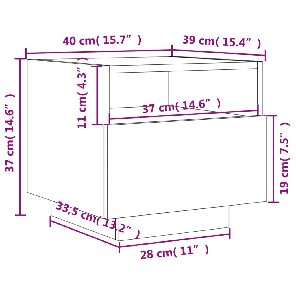 vidaXL öökapid LED-tuledega 2 tk, hall Sonoma tamm, 40 x 39 x 37 cm