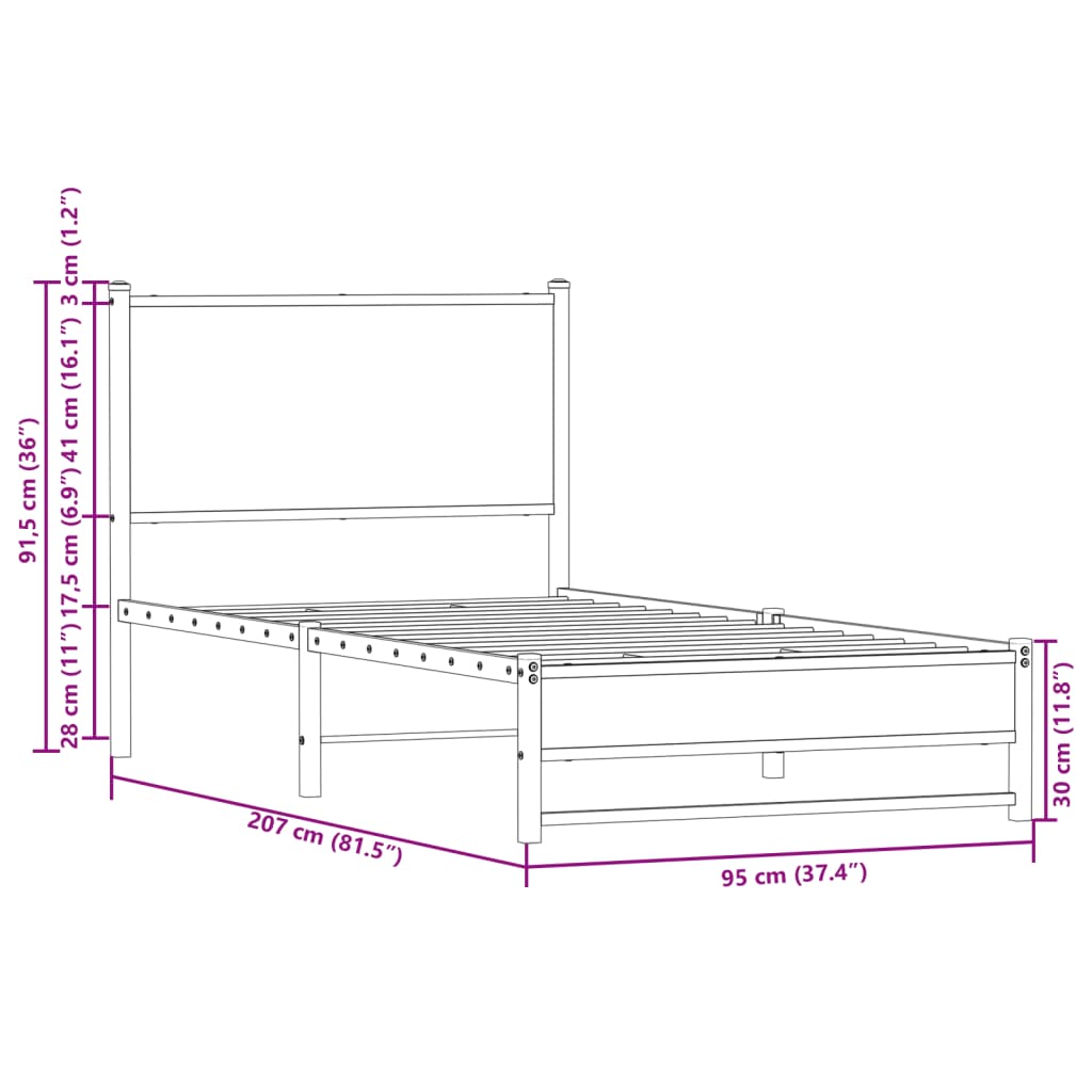 vidaXL metallist voodiraam peatsiga, pruun tamm, 90x200 cm