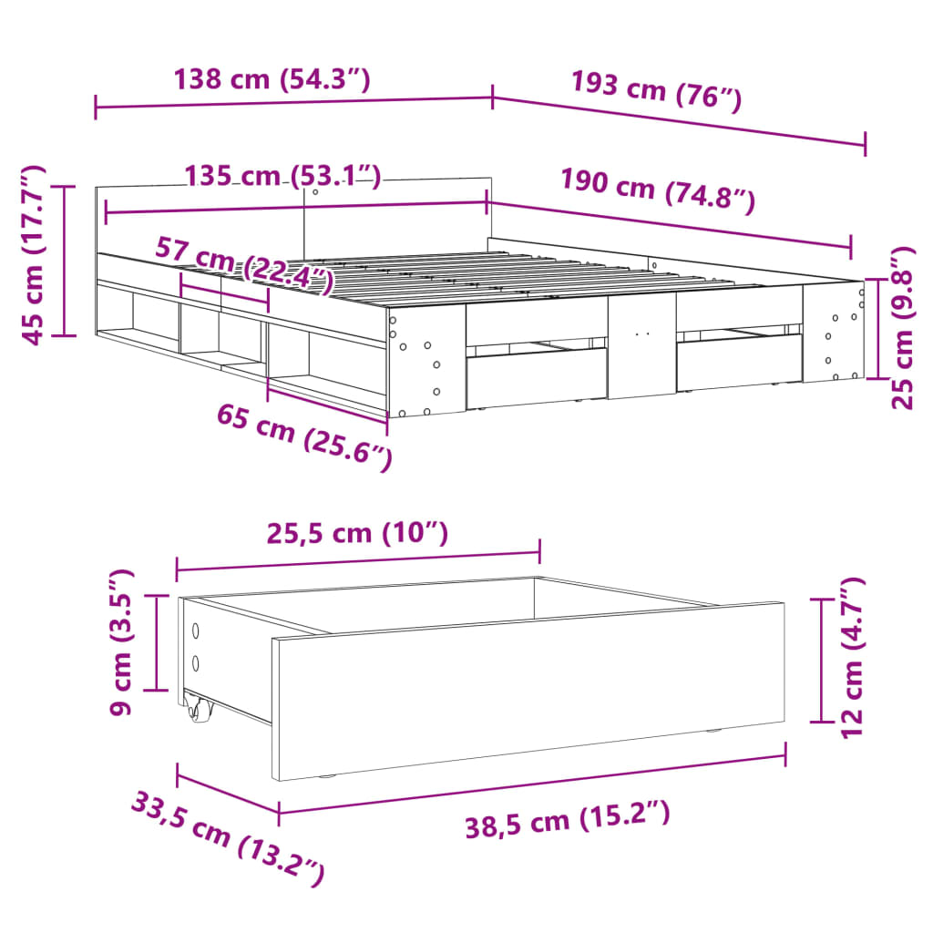 vidaXL voodiraam sahtlitega, must, 135x190 cm, tehispuit