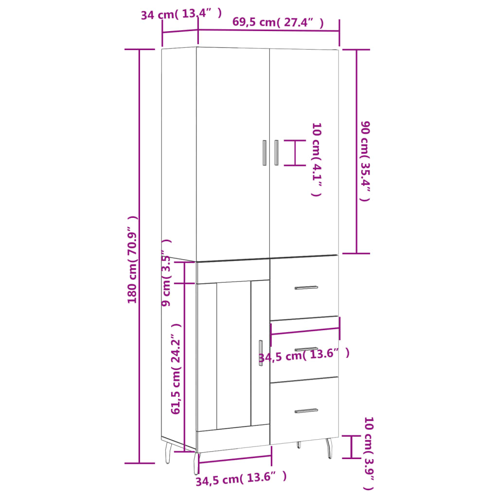 vidaXL kõrge kapp, suitsutatud tamm, 69,5 x 34 x 180 cm, tehispuit