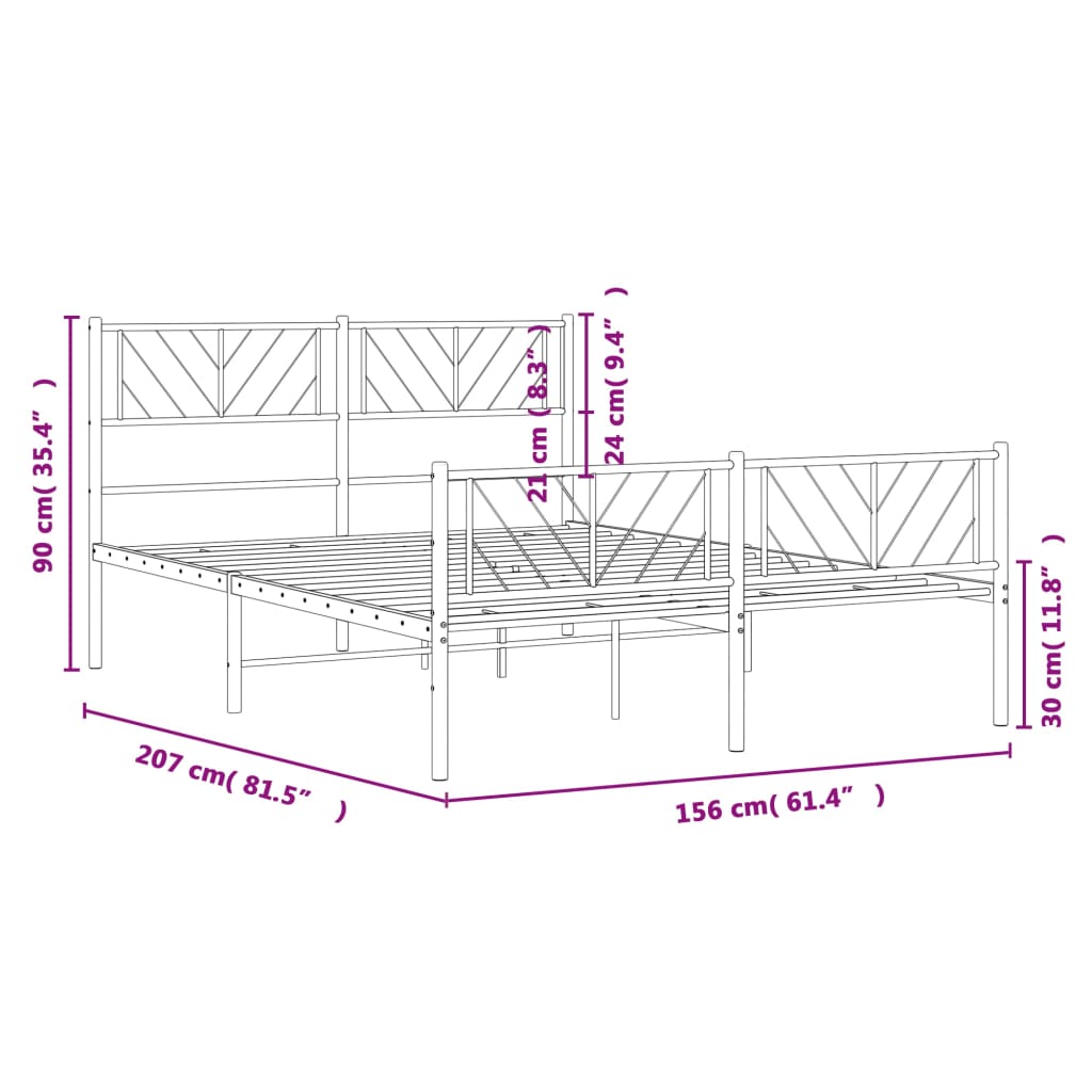 vidaXL metallist voodiraam peatsi ja jalutsiga, valge, 150 x 200 cm