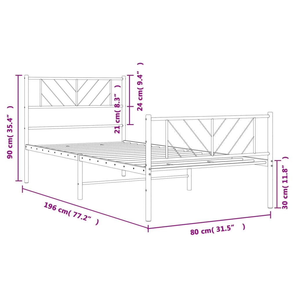 vidaXL metallist voodiraam peatsi ja jalutsiga, valge, 75x190 cm