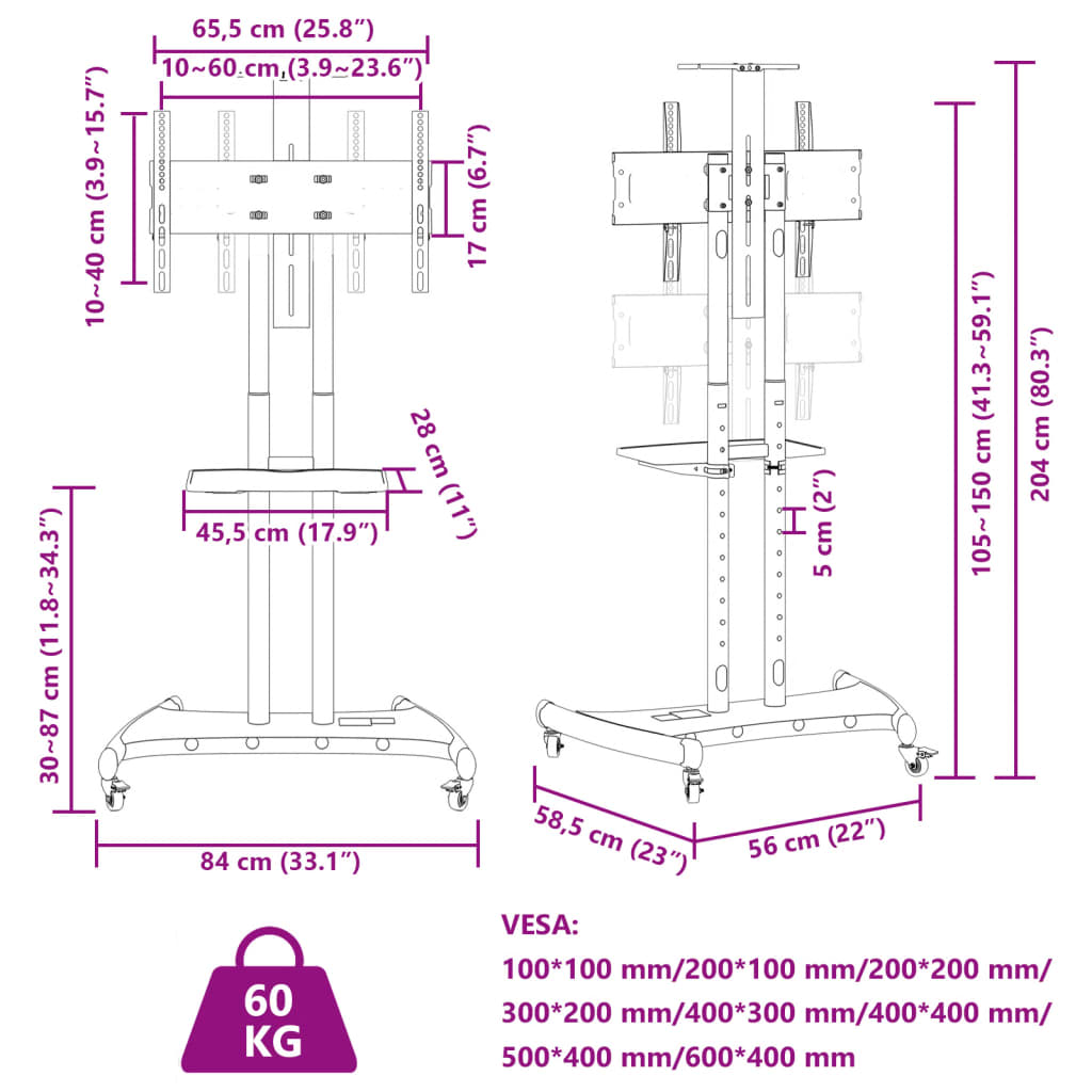 vidaXL ratastel telerialus, 32-70 tolli, max VESA 600x400 mm 60 kg