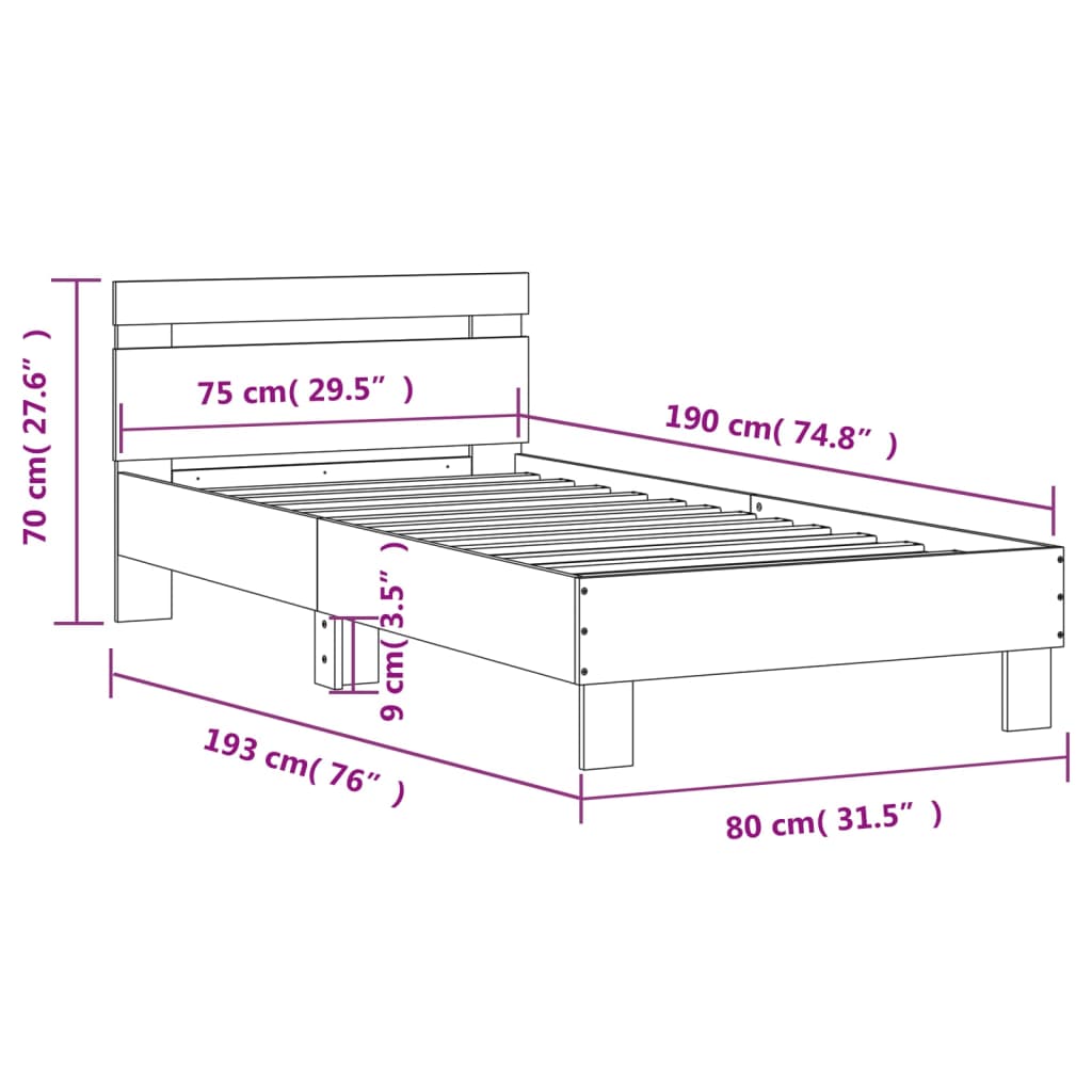 vidaXL voodiraam peatsiga, valge, 75 x 190 cm, tehispuit