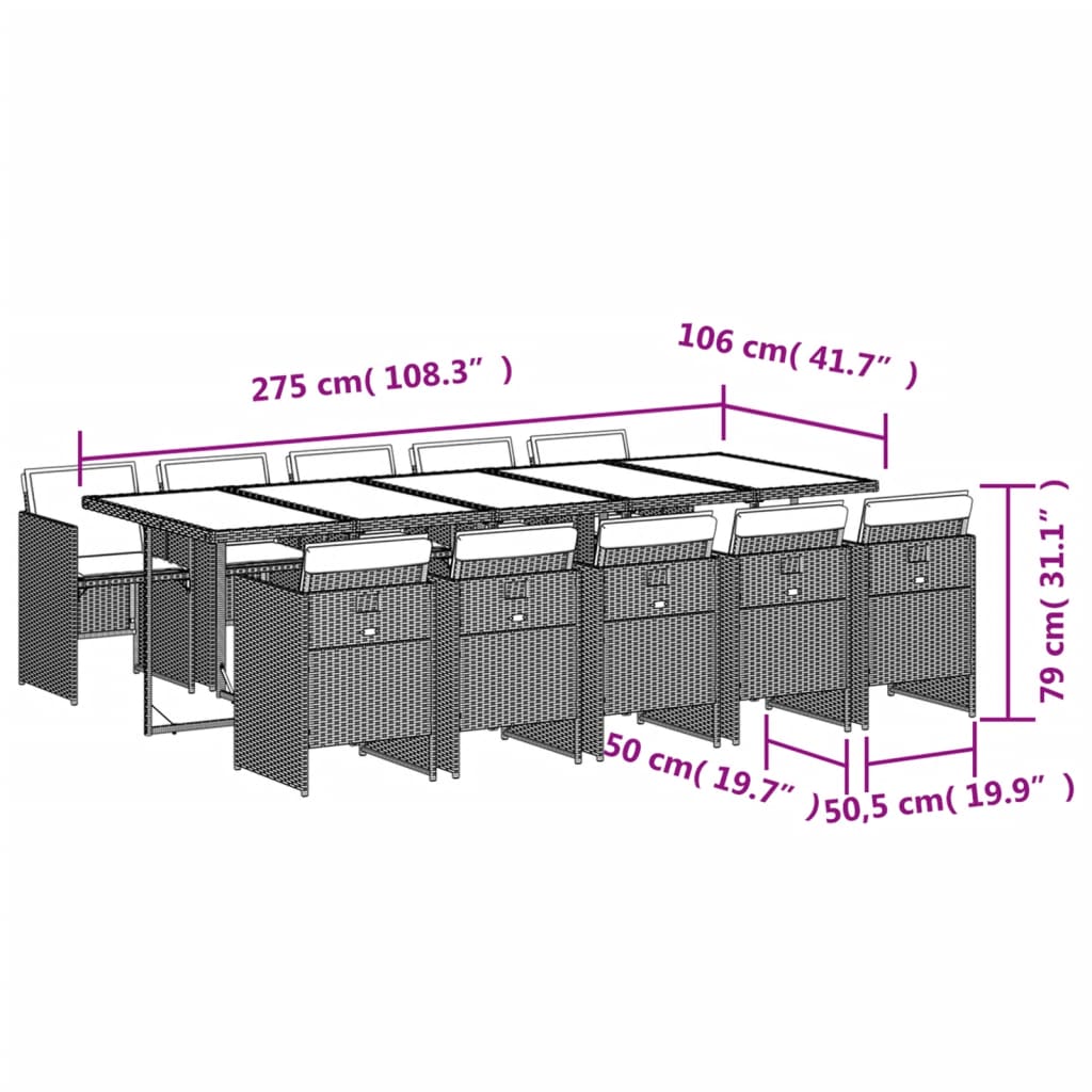 vidaXL 11-osaline aia söögimööbli komplekt patjadega, hall, polürotang