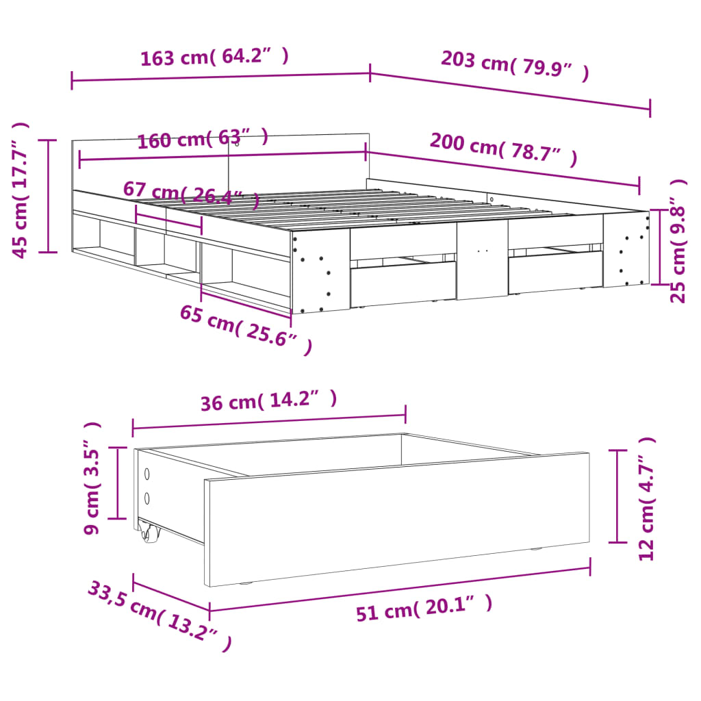 vidaXL voodiraam sahtlitega, hall Sonoma tamm, 160x200 cm, tehispuit