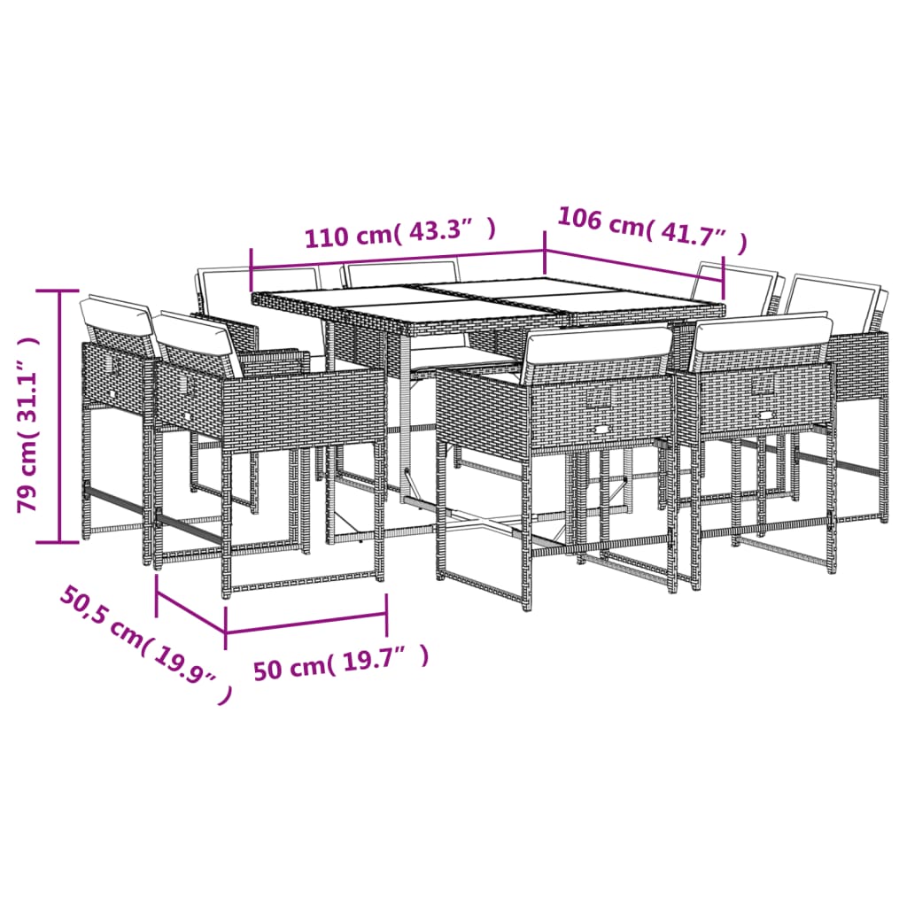 vidaXL 9-osaline aiamööbli komplekt patjadega, helehall, polürotang