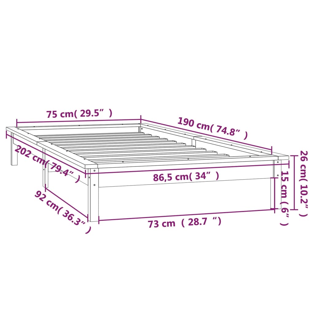 vidaXL LED-voodiraam, 75 x 190 cm, männipuit