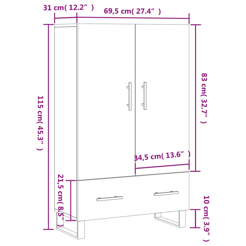 vidaXL kõrge kapp, hall Sonoma tamm, 69,5 x 31 x 115 cm, tehispuit