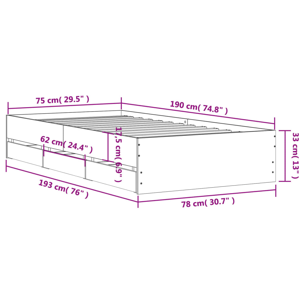 vidaXL voodiraam sahtlitega, suitsutatud tamm, 75x190 cm, tehispuit