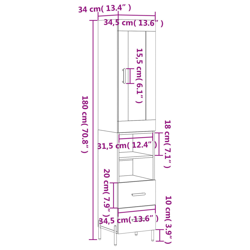 vidaXL kõrge kapp, hall Sonoma tamm, 34,5x34x180 cm, tehispuit