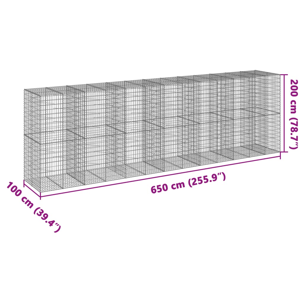 vidaXL kaanega gabioonkorv, 650x100x200 cm, tsingitud raud