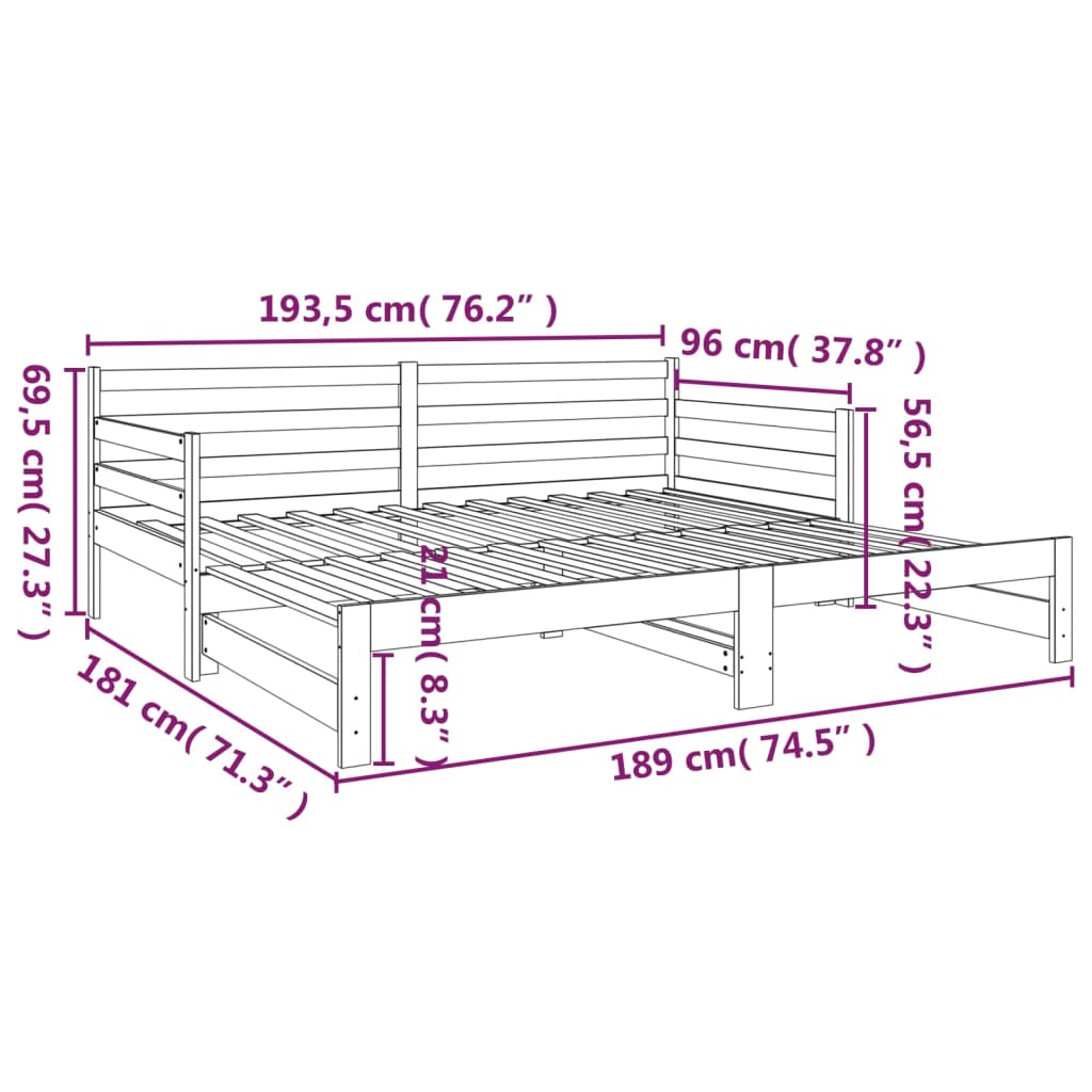 vidaXL väljatõmmatav päevavoodi, valge, 2 x (90x190) cm, männipuit