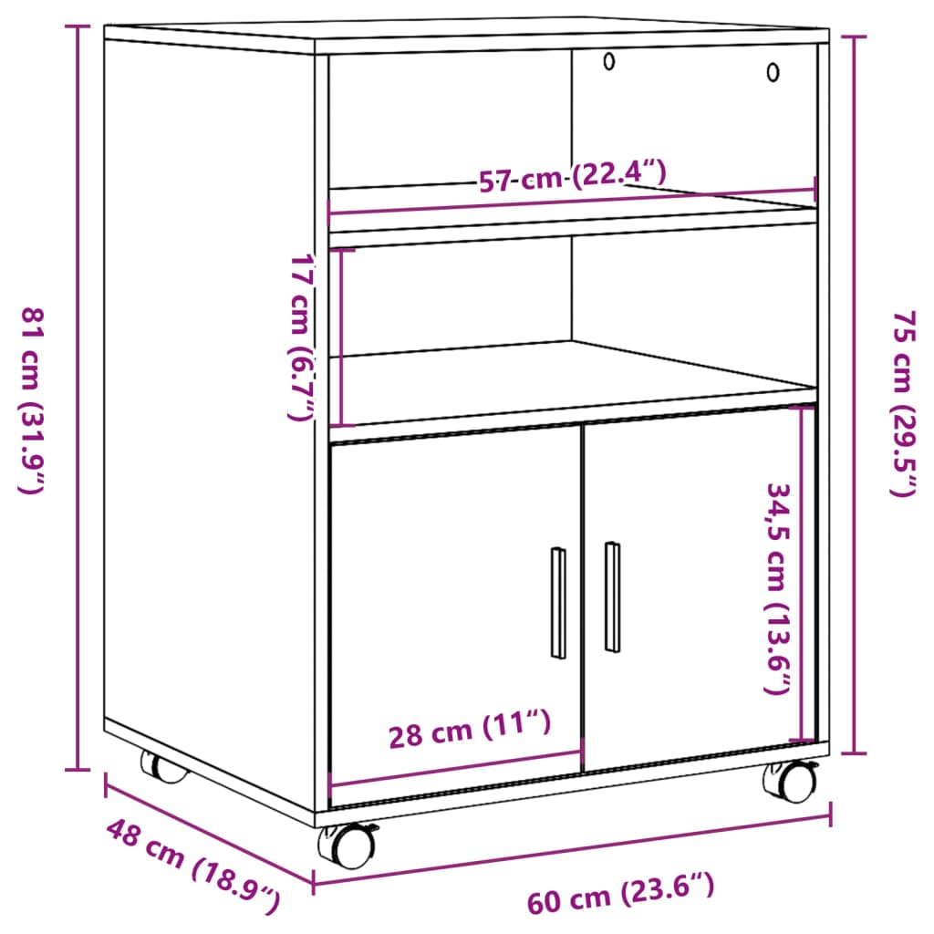 vidaXL ratastel kapp, Sonoma tamm, 60x48x81 cm, puitlaastplaat