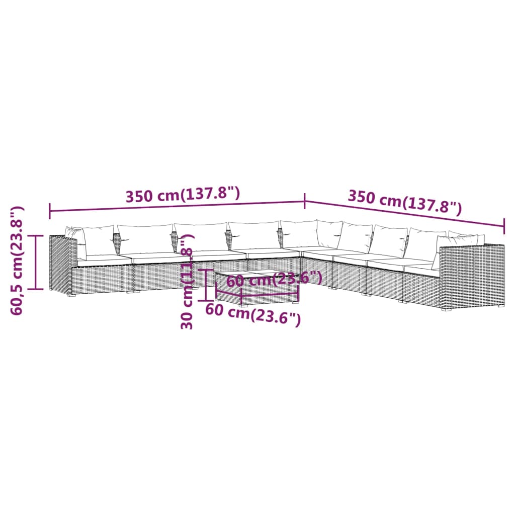 vidaXL 10-osaline aiamööblikomplekt patjadega, polürotang, hall