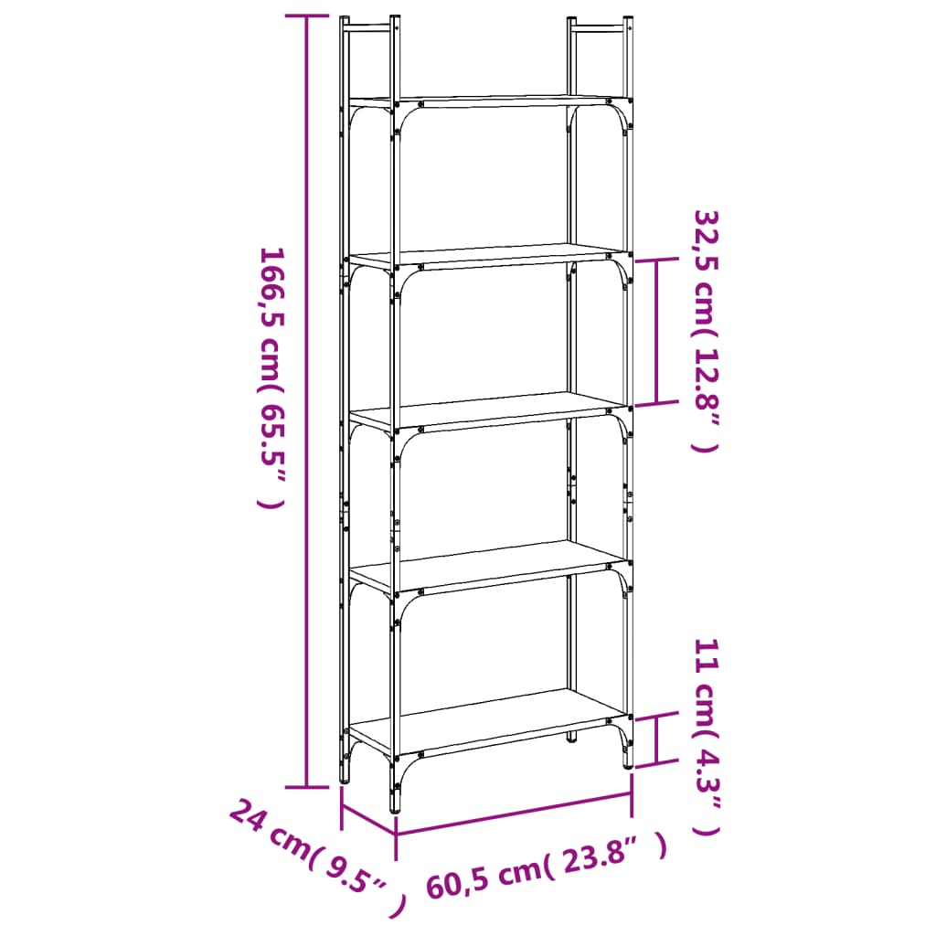 vidaXL raamaturiiul 5-korruseline, must, 60,5x24x166,5 cm, tehispuit