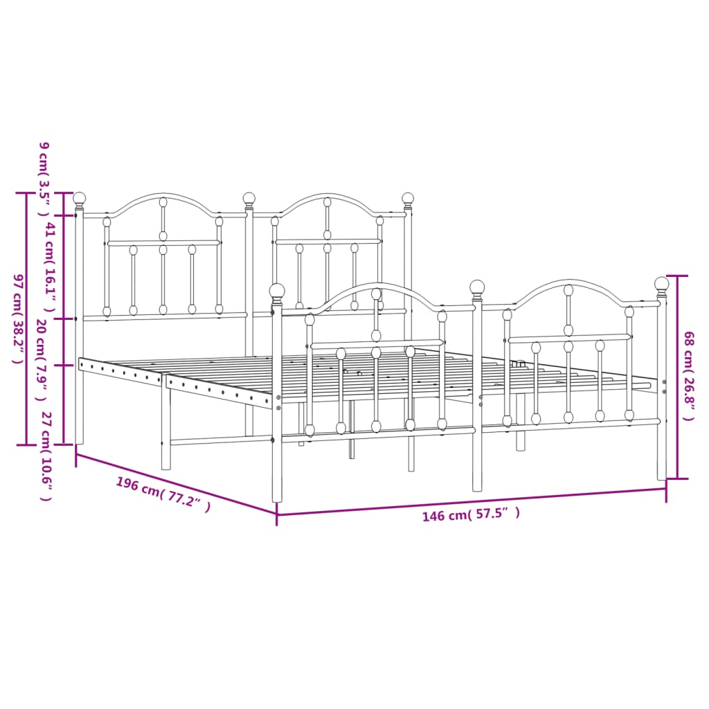 vidaXL metallist voodiraam peatsi ja jalutsiga, must, 140x190 cm