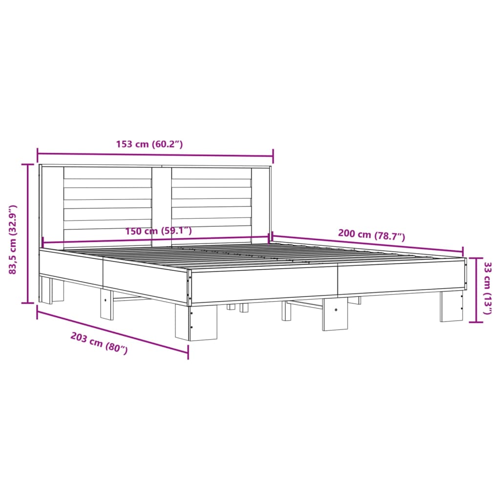 vidaXL voodiraam, hall Sonoma tamm, 150 x 200 cm, tehispuit ja metall