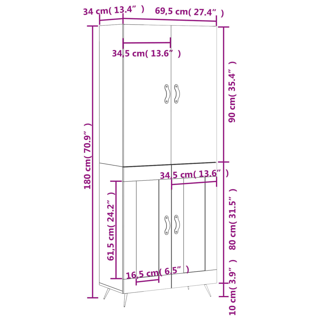 vidaXL kõrge kapp, betoonhall, 69,5 x 34 x 180 cm,tehispuit