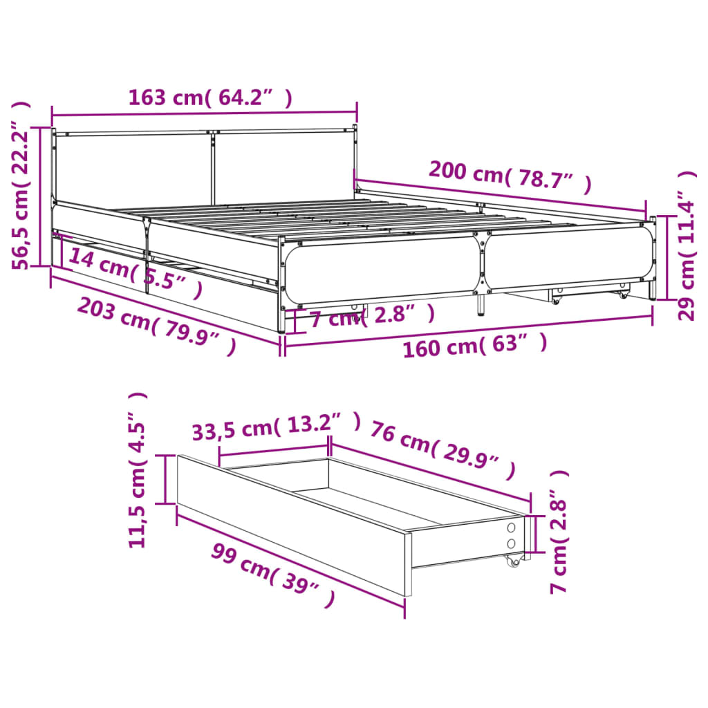 vidaXL voodiraam sahtlitega, hall Sonoma tamm, 160x200 cm, tehispuit