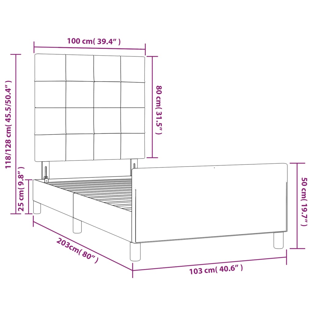 vidaXL voodiraam peatsiga, tumehall, 100x200 cm, samet